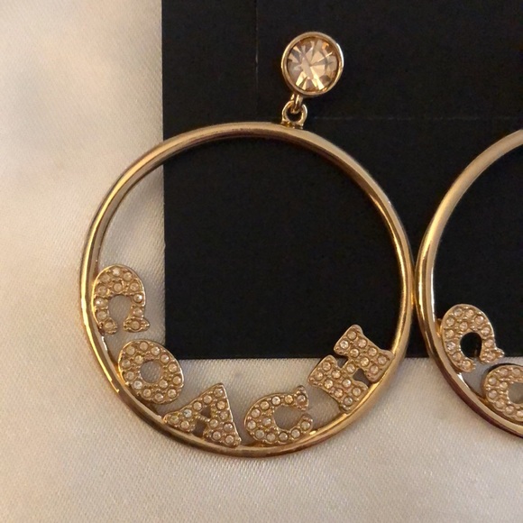 Coach Gold Tone Signature Frontal Logo Hoop Earrings Crystal Accents NWT - Picture 13 of 14